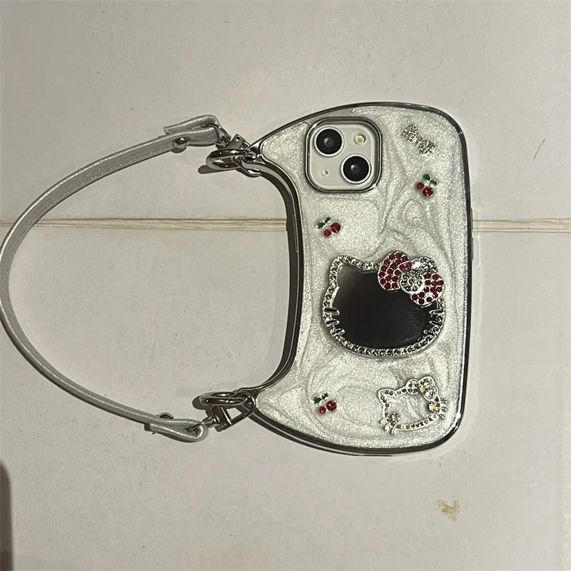 3D Diamond Cute Bow Hello Kitty Cherry Glitter Mirror Phone Case For iPhone