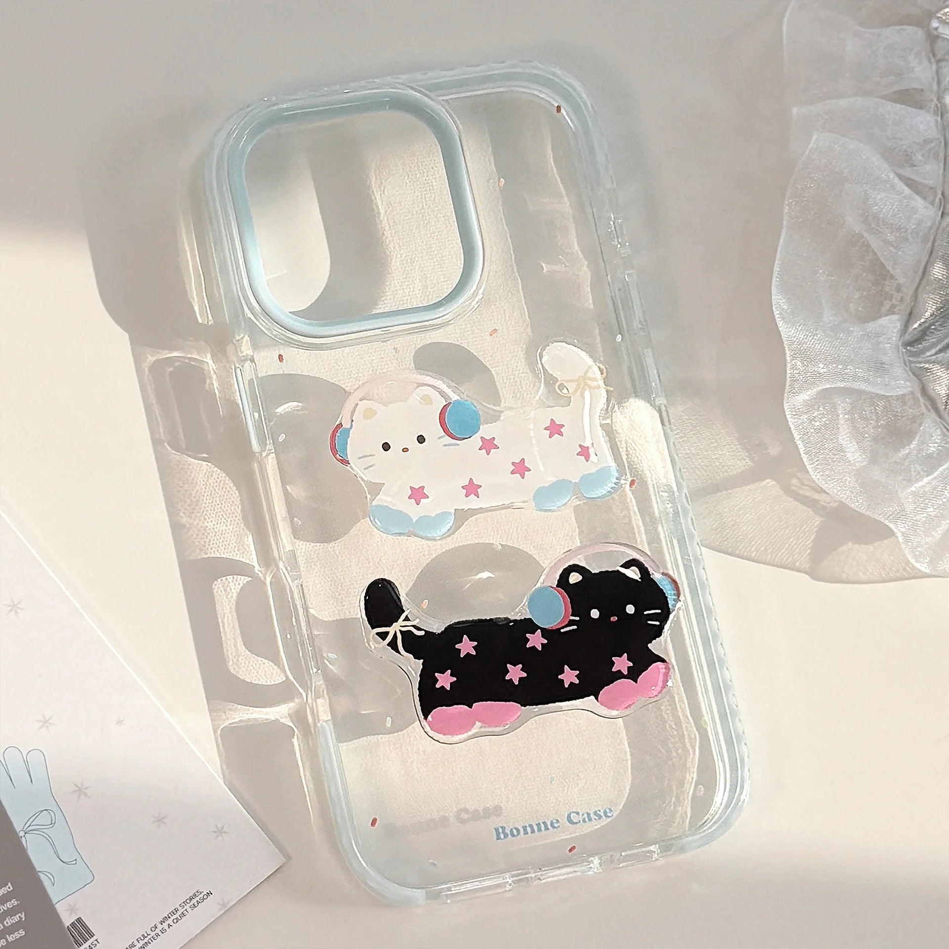 Korean 3D Cute Cartoon Stars Headset Kitten Soft Phone Case For iPhone