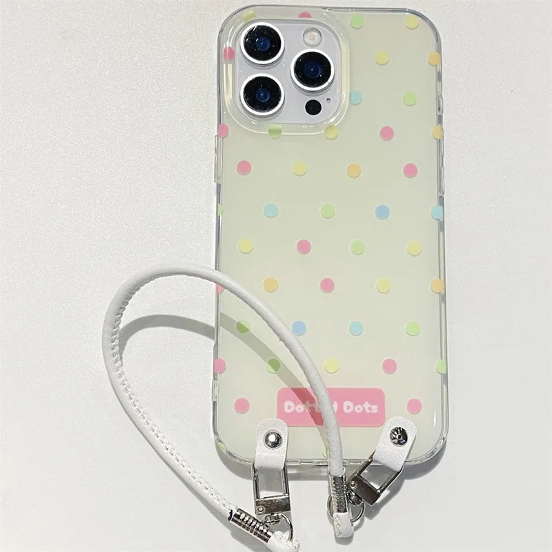 Fashion Colorful Polka Dot Phone Case With Wrist Strap For iPhone