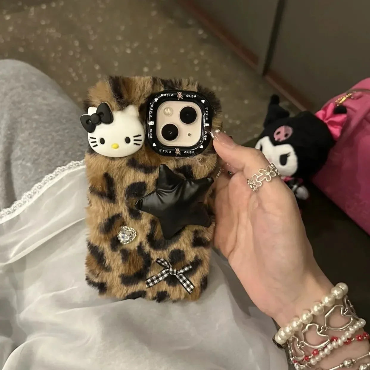 Plush Sanrio Leopard Print Hello Kitty Phone Case For iPhone