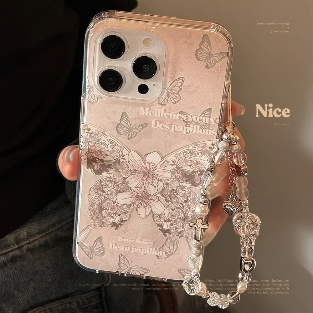 Korean Flowers Butterfly Dual Layer Phone Case With Bracelet Chain For iPhone