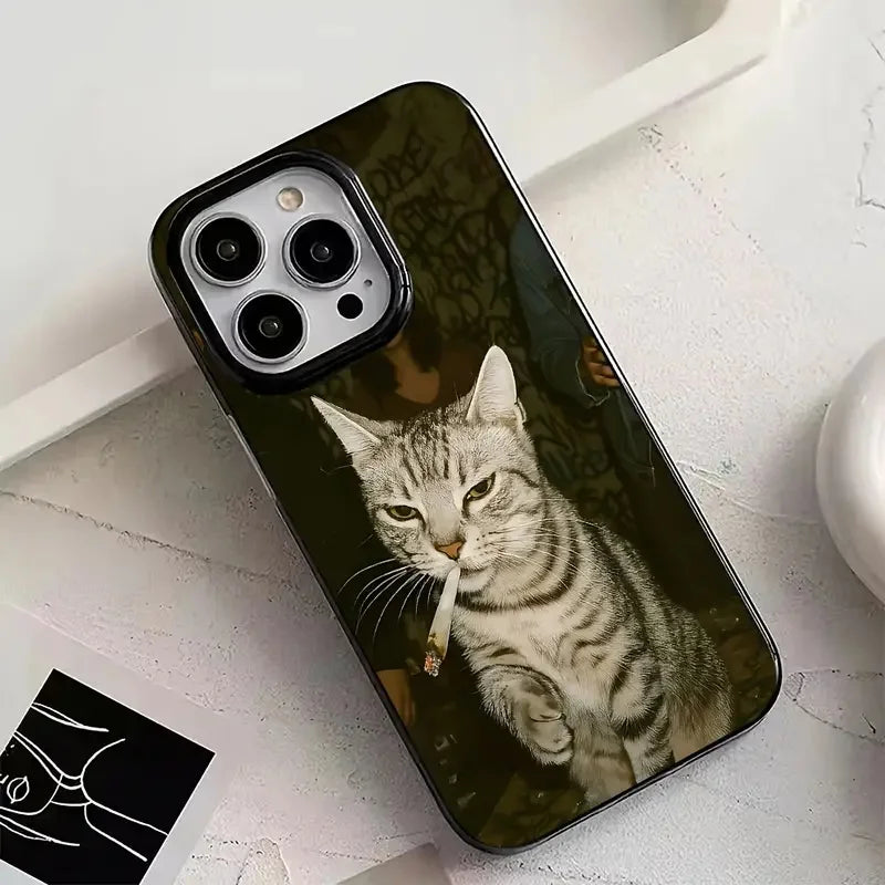 Stylish Cat Smoking Pattern Black Phone Case For iPhone