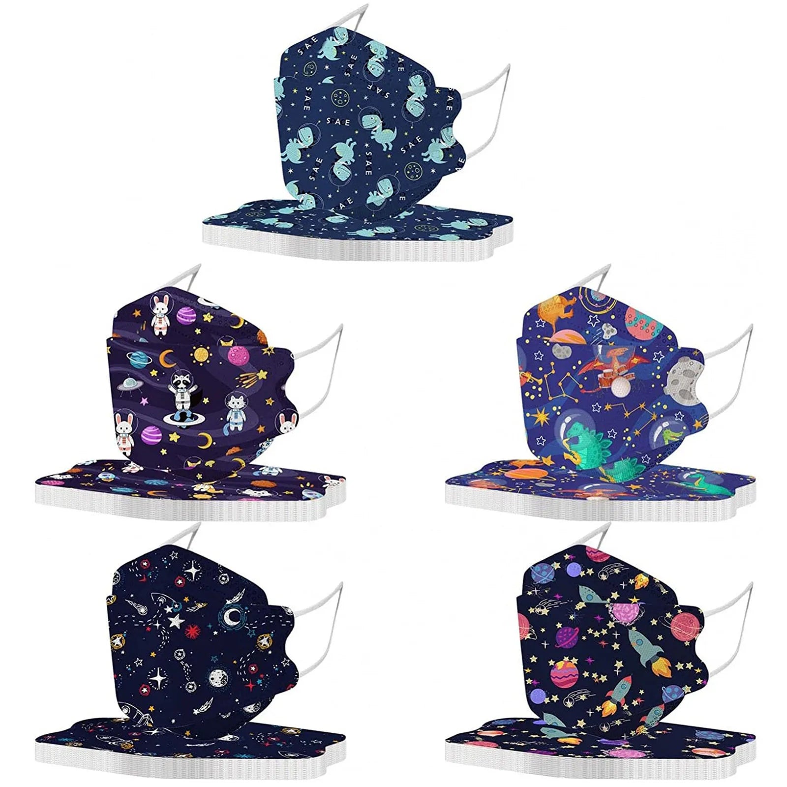 Kids KN95 Masks – Cartoon Dinosaur, Cat, and Rainbow Prints – 4-Ply Breathable