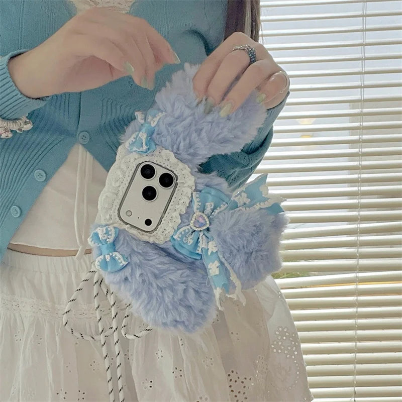 Korean Cute Bow Plush Phone Case For iPhone