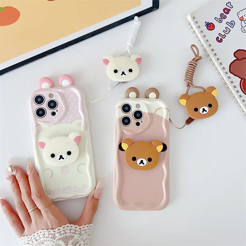 3D Ears Cartoon Bear Holder Rope Couple Phone Case For iPhone
