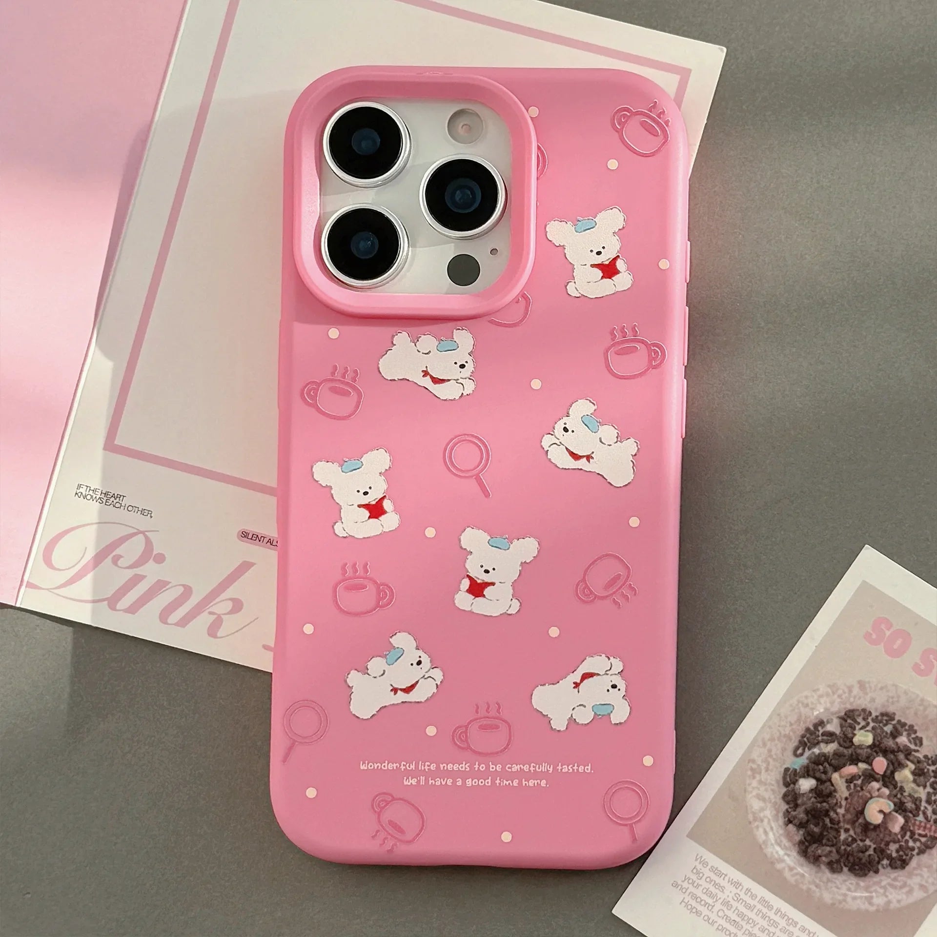 Korean Cute Cartoon Reading Puppy Pink Silicone Soft Phone Case For iPhone
