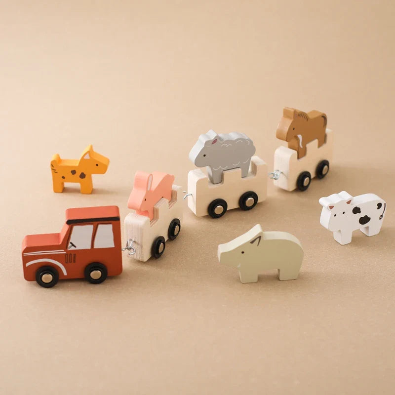 Wooden Train Building Blocks – Farm Animal Stacking Toy for Kids