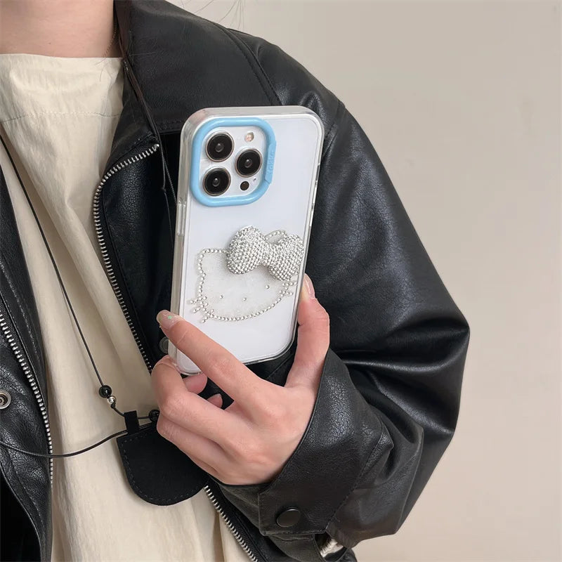 Luxury Rhinestone Bow Jelly Solid Color Glitter Hello Kitty Phone Case For iPhone