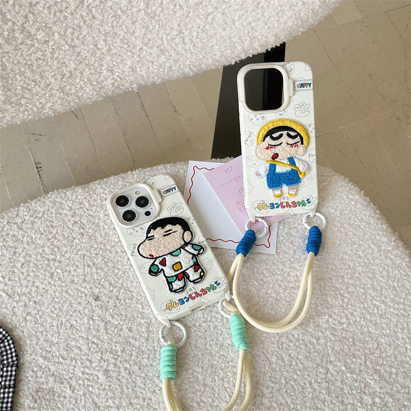 Cute Crayon Shin-chan Embroidered Leather Texture Phone Case For iPhone
