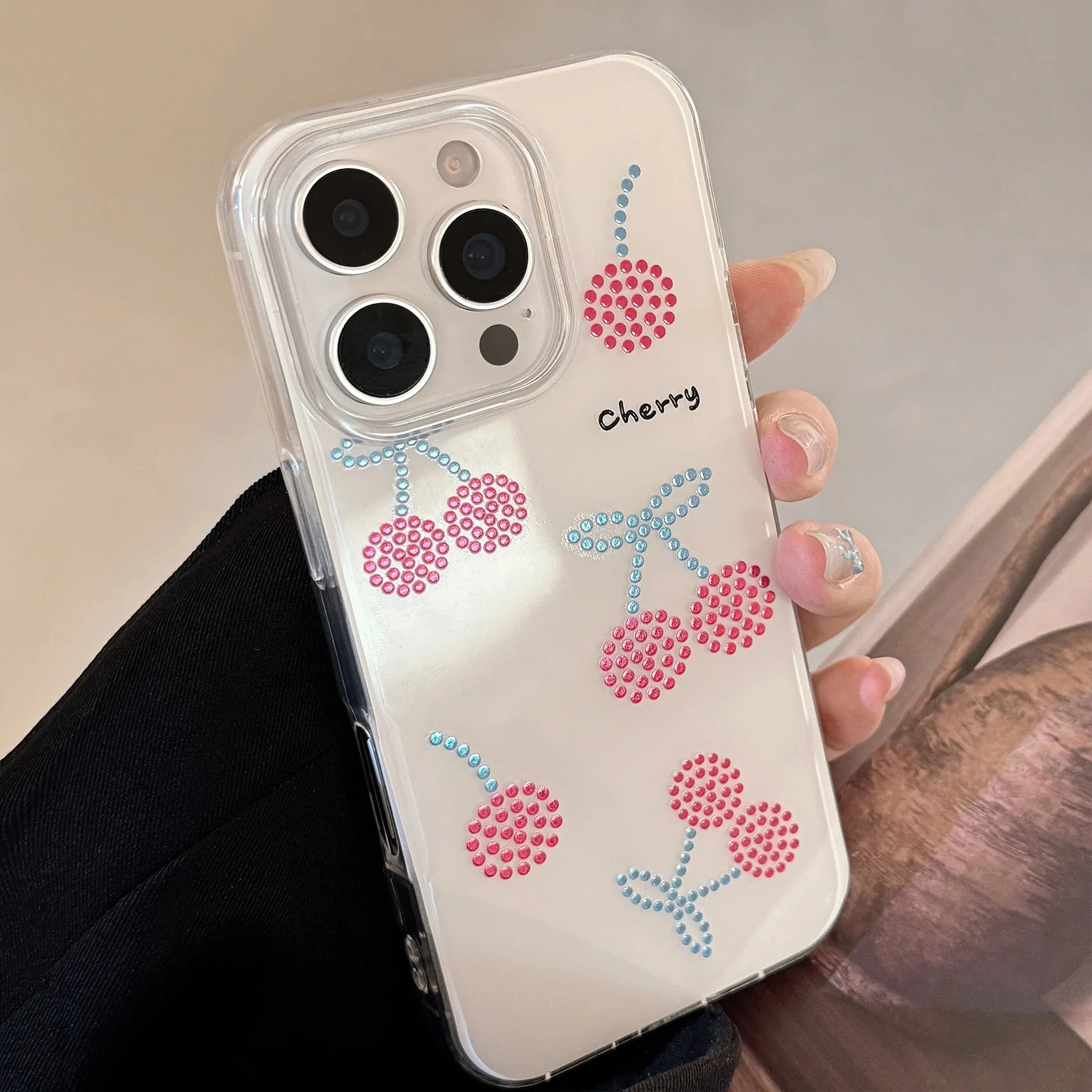Korean Sparkling Diamond Cherry Phone Case For iPhone