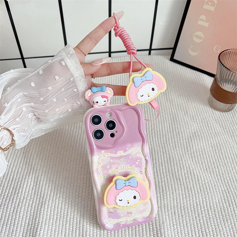 Hello Kitty Kuromi With Bracket Lanyard Phone Case For iPhone