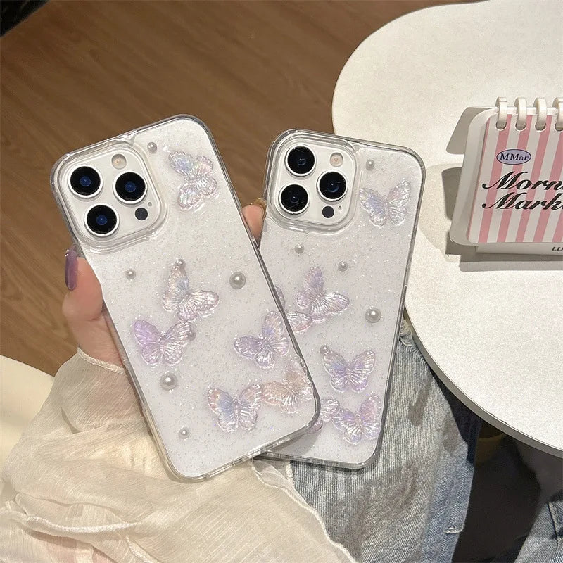 Luxury 3D Butterfly Pearl Drop Glue Glitter Phone Case For iPhone