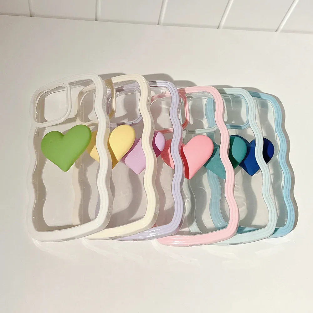 Fashion Transparent Curly Wave 3D Love Heart Phone Case For iPhone