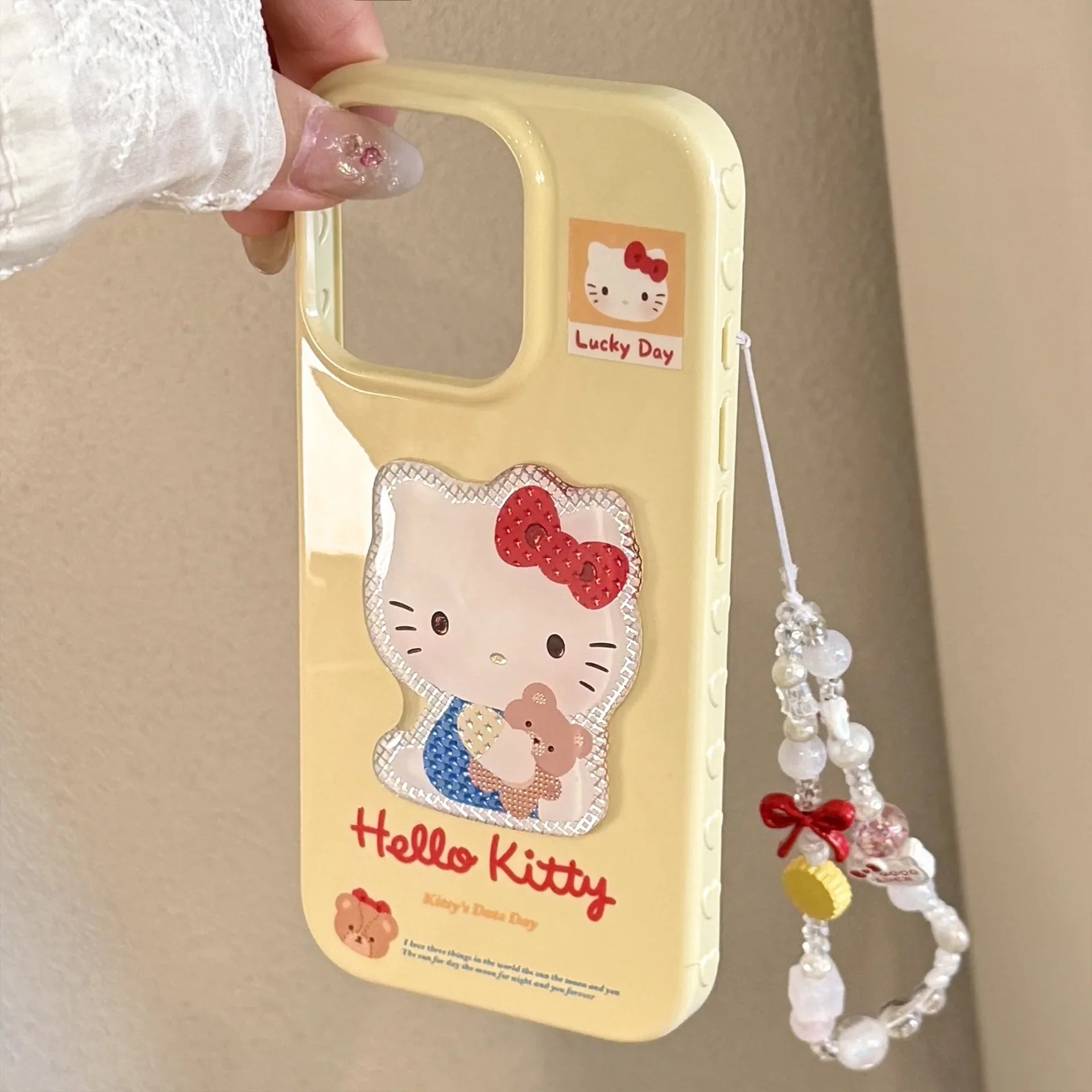 Korean 3D Cartoon Hello Kitty With Wrist Chain Soft Phone Case For iPhone