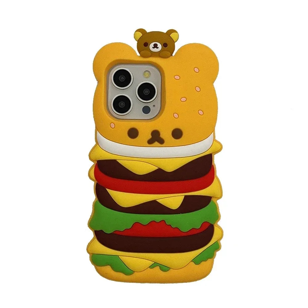 New Cartoon 3D Fun Burger Rilakkuma Silicone Phone Case For iPhone