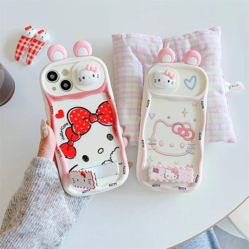 Ins Cute Cartoon 3D Ears Hello Kitty Wavy Sliding Camera Bracket Phone Case For iPhone