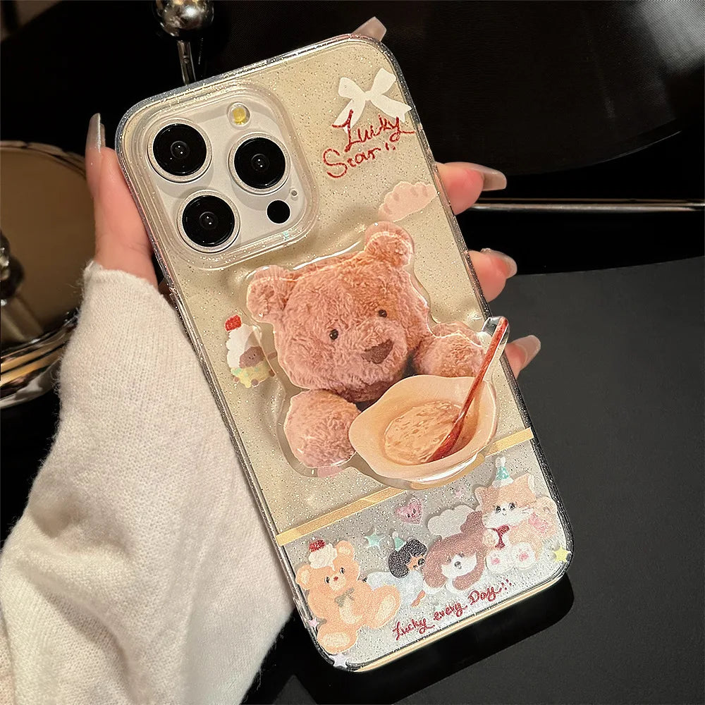 Korean Cute Dessert Bear With Stand Holder Glitter Phone Case For iPhone
