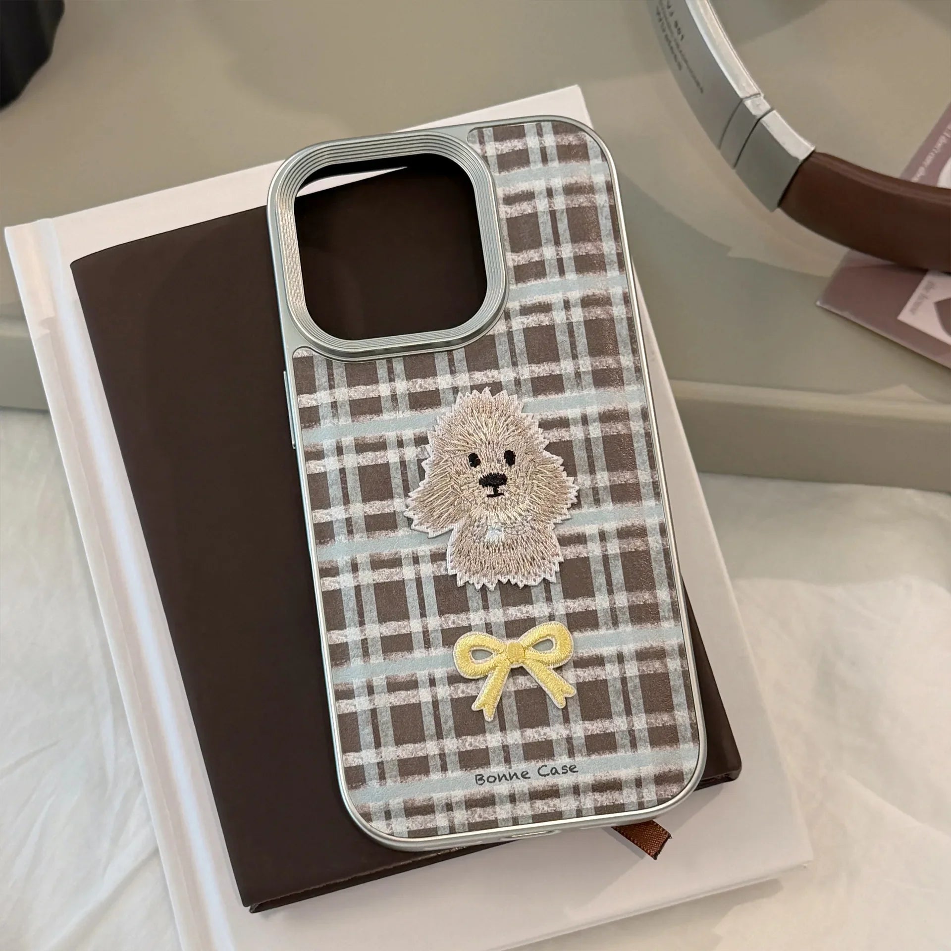Korean Plaid Cartoon Puppy Bowknot Embroideried Silver Border Phone Case For iPhone