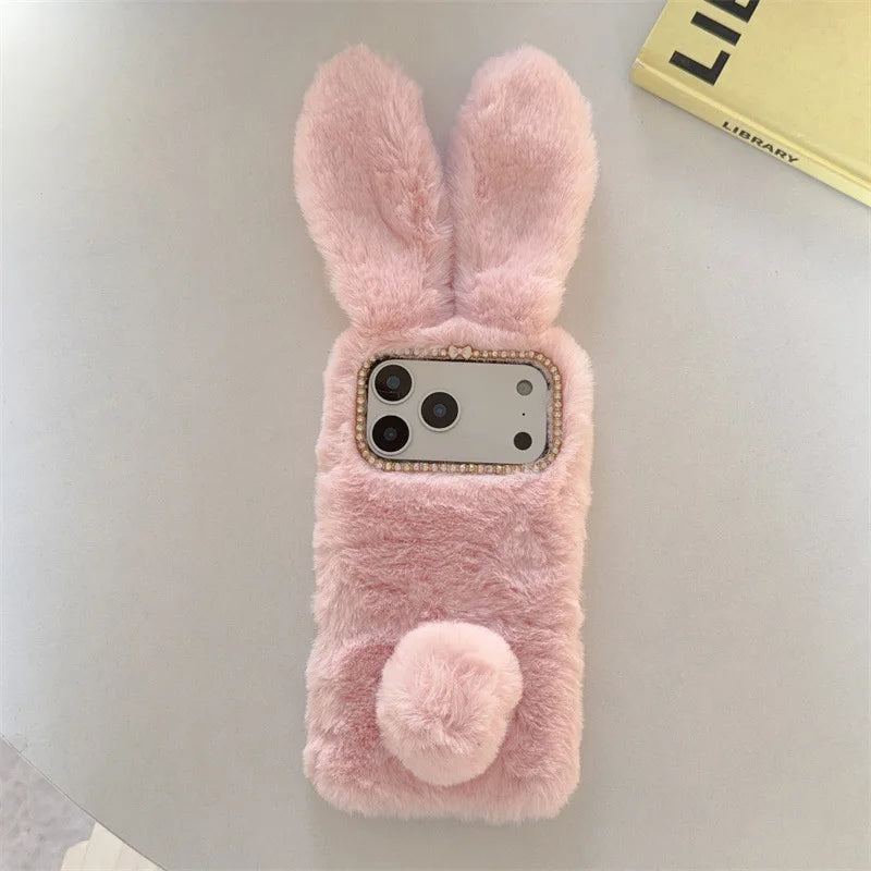 3D Cute Rabbit Ears Warm Furry Plush Bunny Phone Case For iPhone