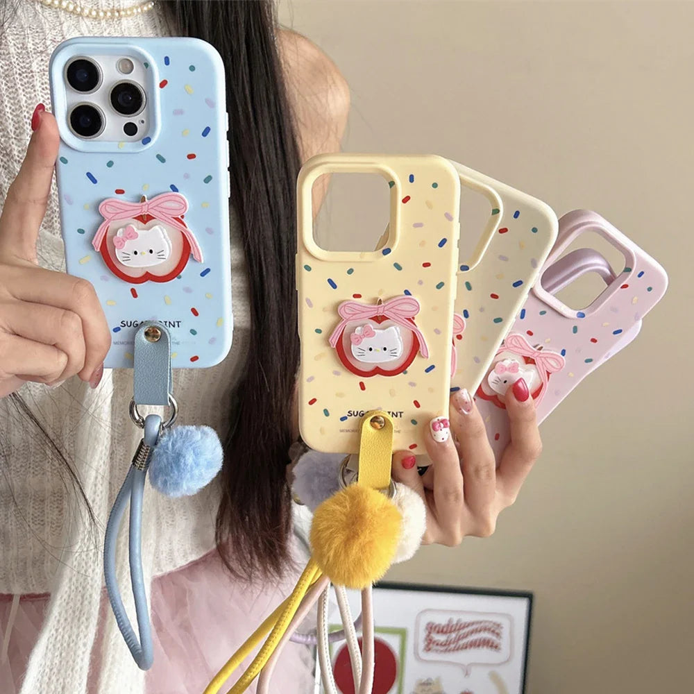 Soft Wrist Strap Apple Hello Kitty Face Colorful Strip Phone Case For iPhone