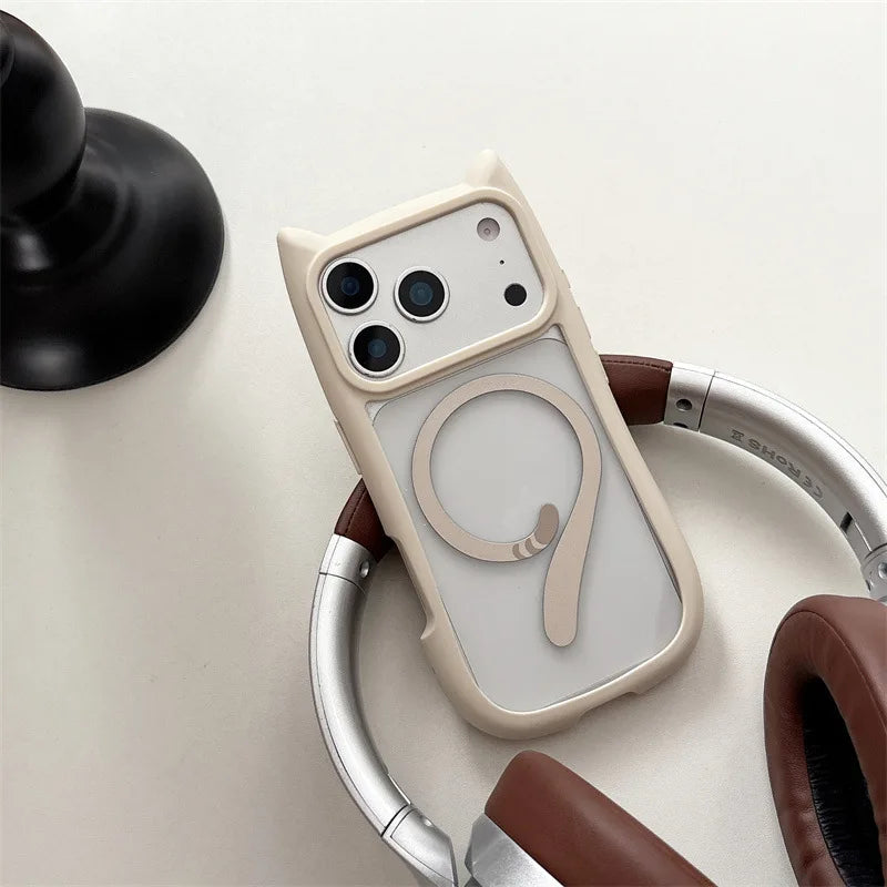 Cute Cartoon Solid Color Cat Tail Clear Magnetic Phone Case For iPhone