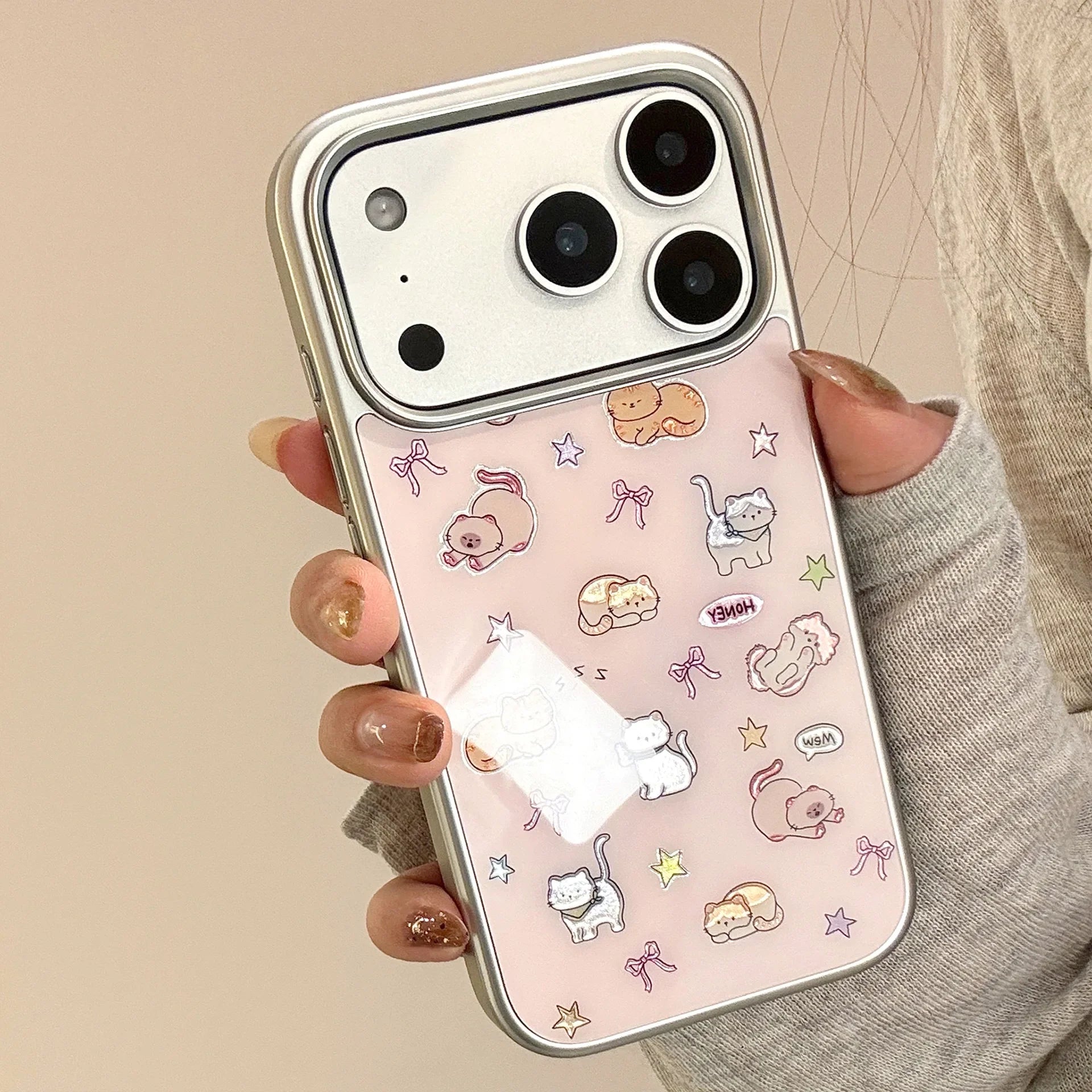 Korean Cartoon Kitten Silver Border Plating Phone Case For iPhone