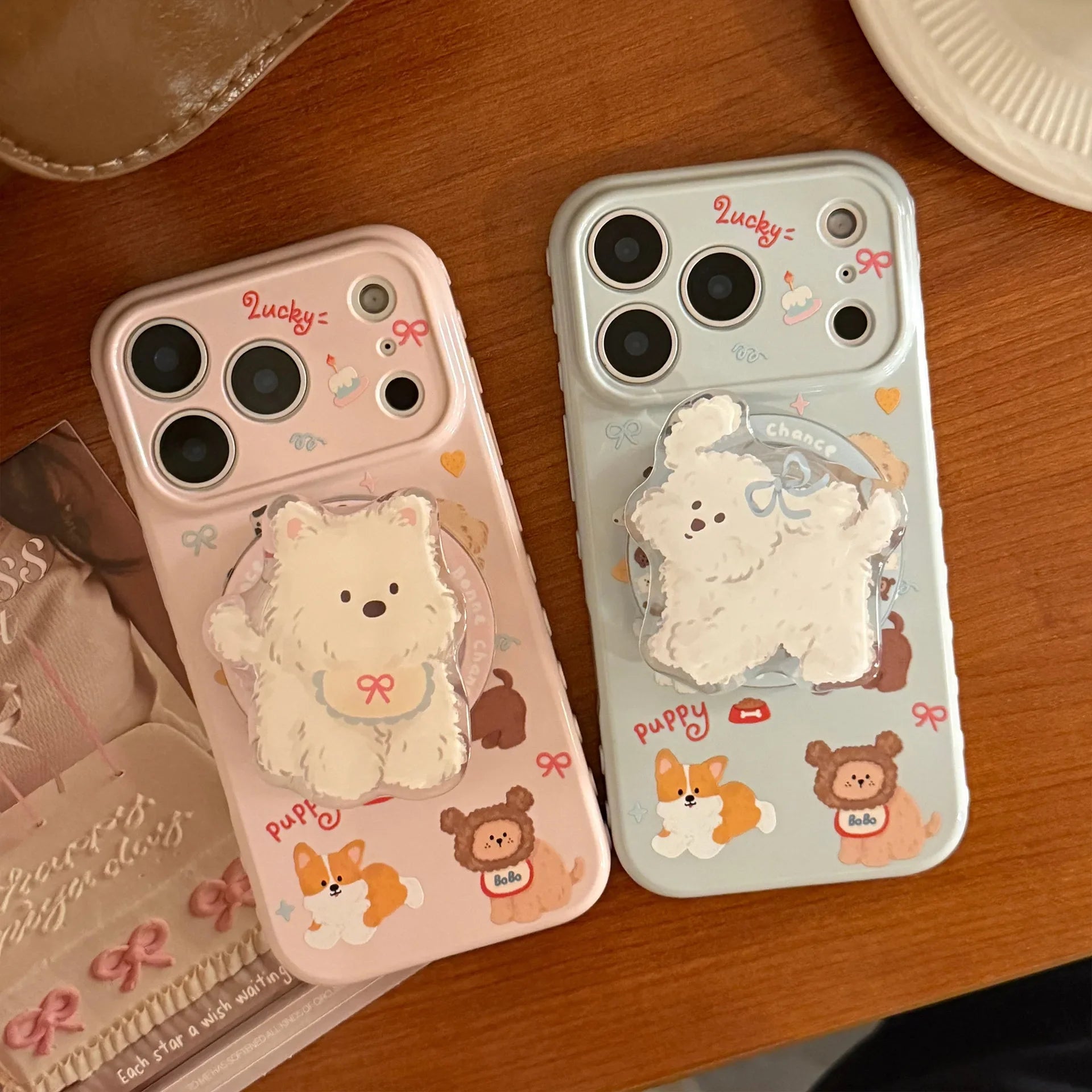 Korean Cute Cartoon Puppy Magnetic Stand Holder Phone Case For iPhone