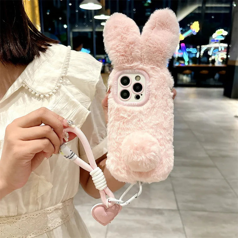 3D Cute Cartoon Rabbit Ears Warm Furry Plush Bunny Phone Case With Lanyard For iPhone