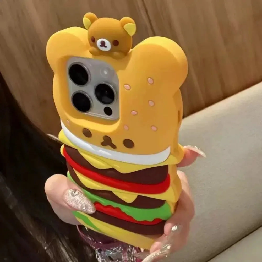 New Cartoon 3D Fun Burger Rilakkuma Silicone Phone Case For iPhone
