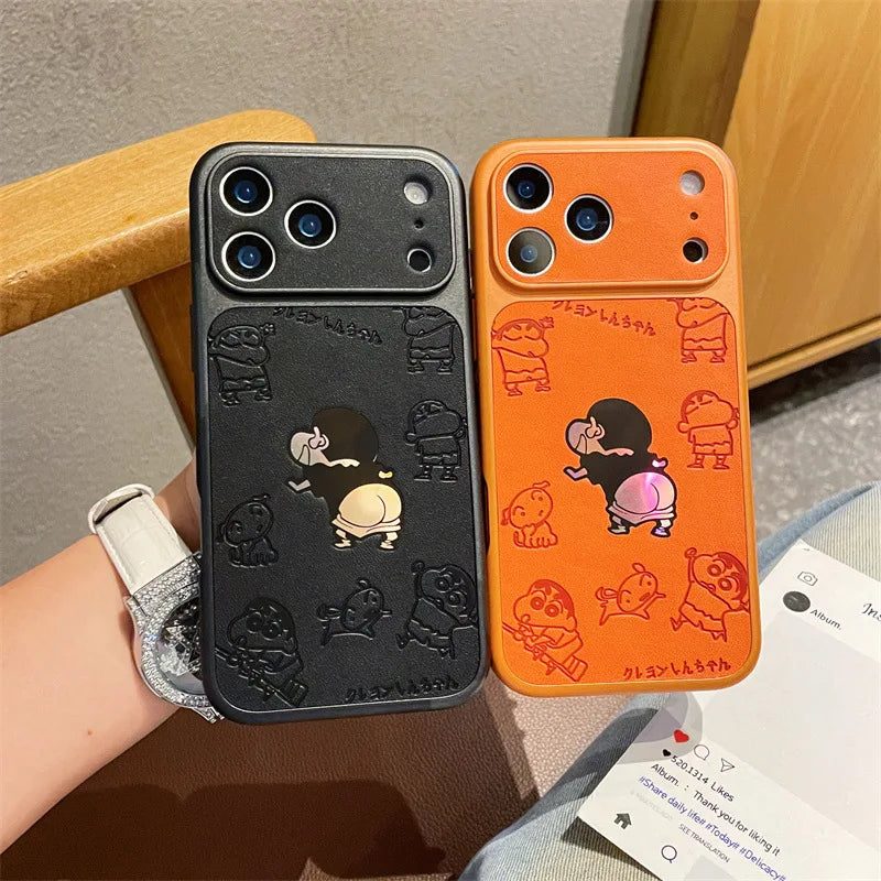 Anime Cartoon Crayon Shin-chan Butt Emboss Leather Texture Laser Phone Case For iPhone