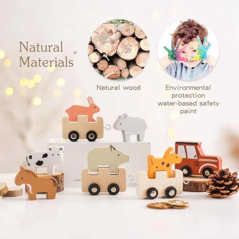 Wooden Train Building Blocks – Farm Animal Stacking Toy for Kids