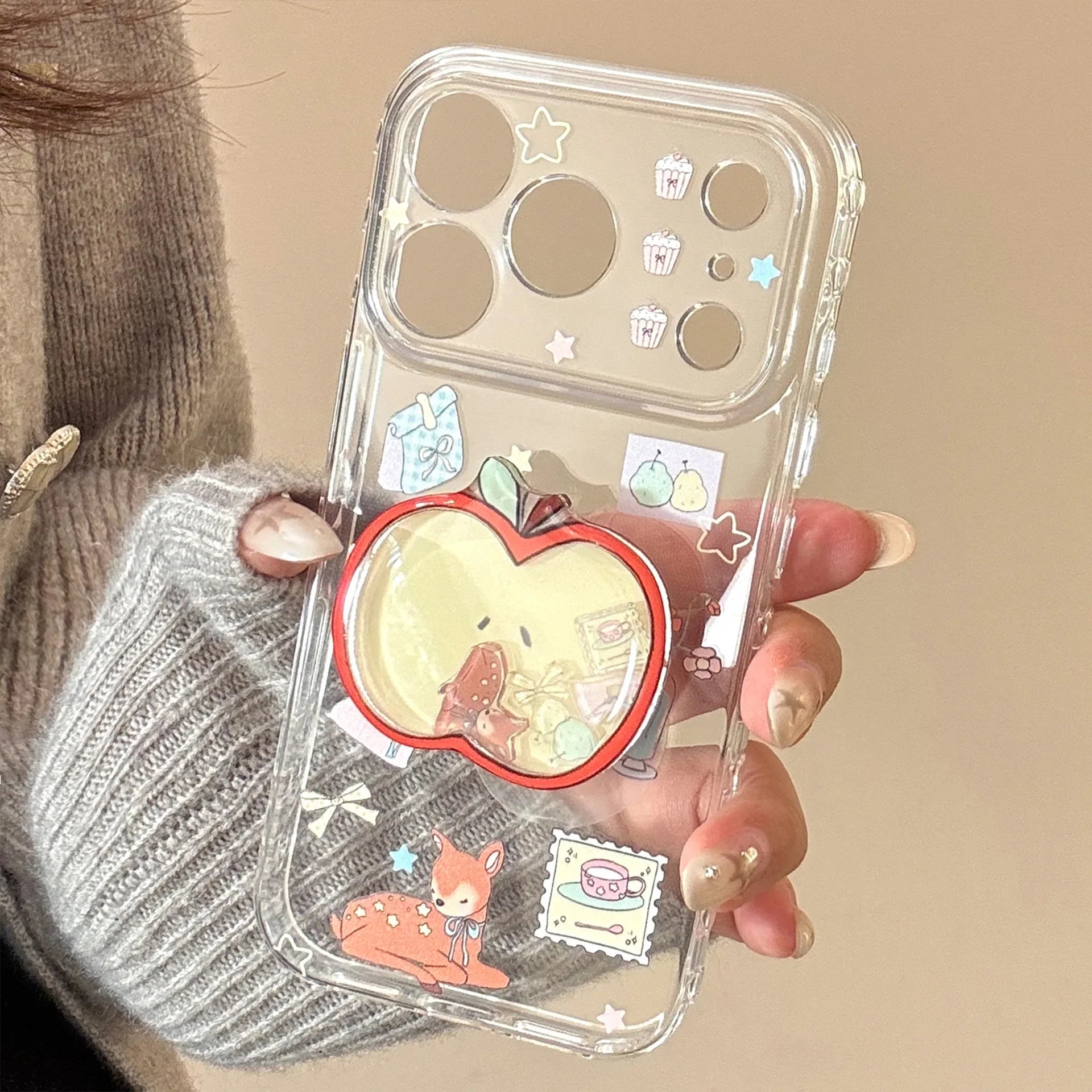 Cartoon Deer Graffiti Apple Quicksand Shake Bracket Phone Case For iPhone