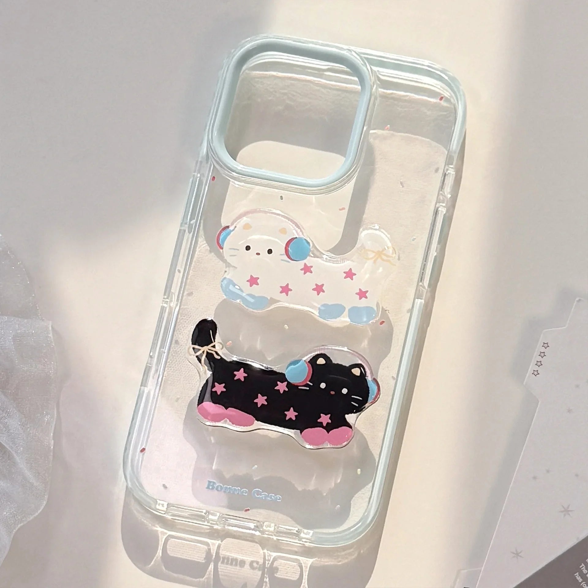 Korean 3D Cute Cartoon Stars Headset Kitten Soft Phone Case For iPhone