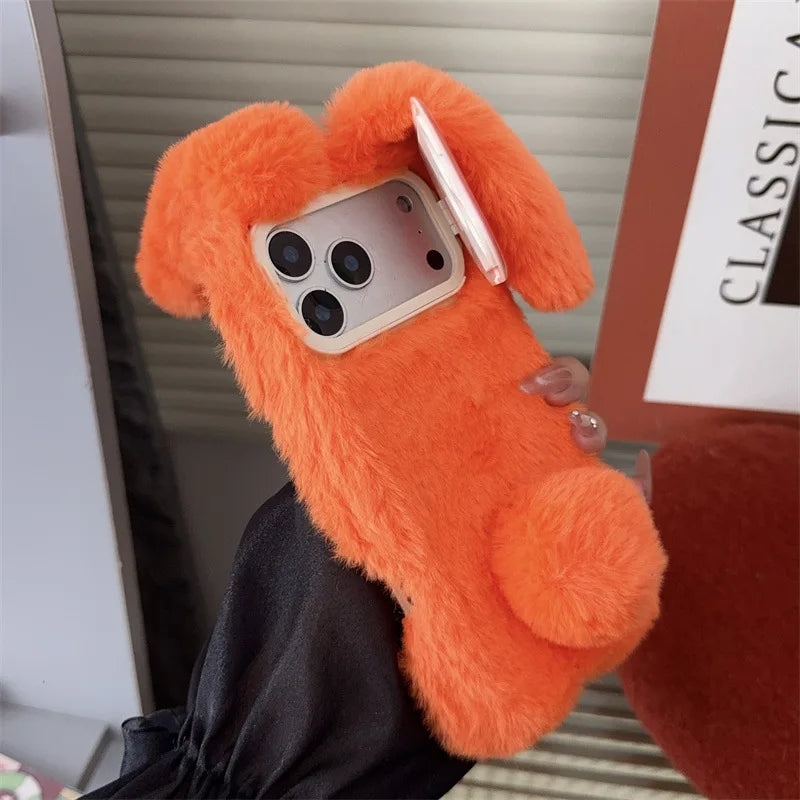 3D Cute Cartoon Rabbit Ears Furry Plush Phone Case For iPhone