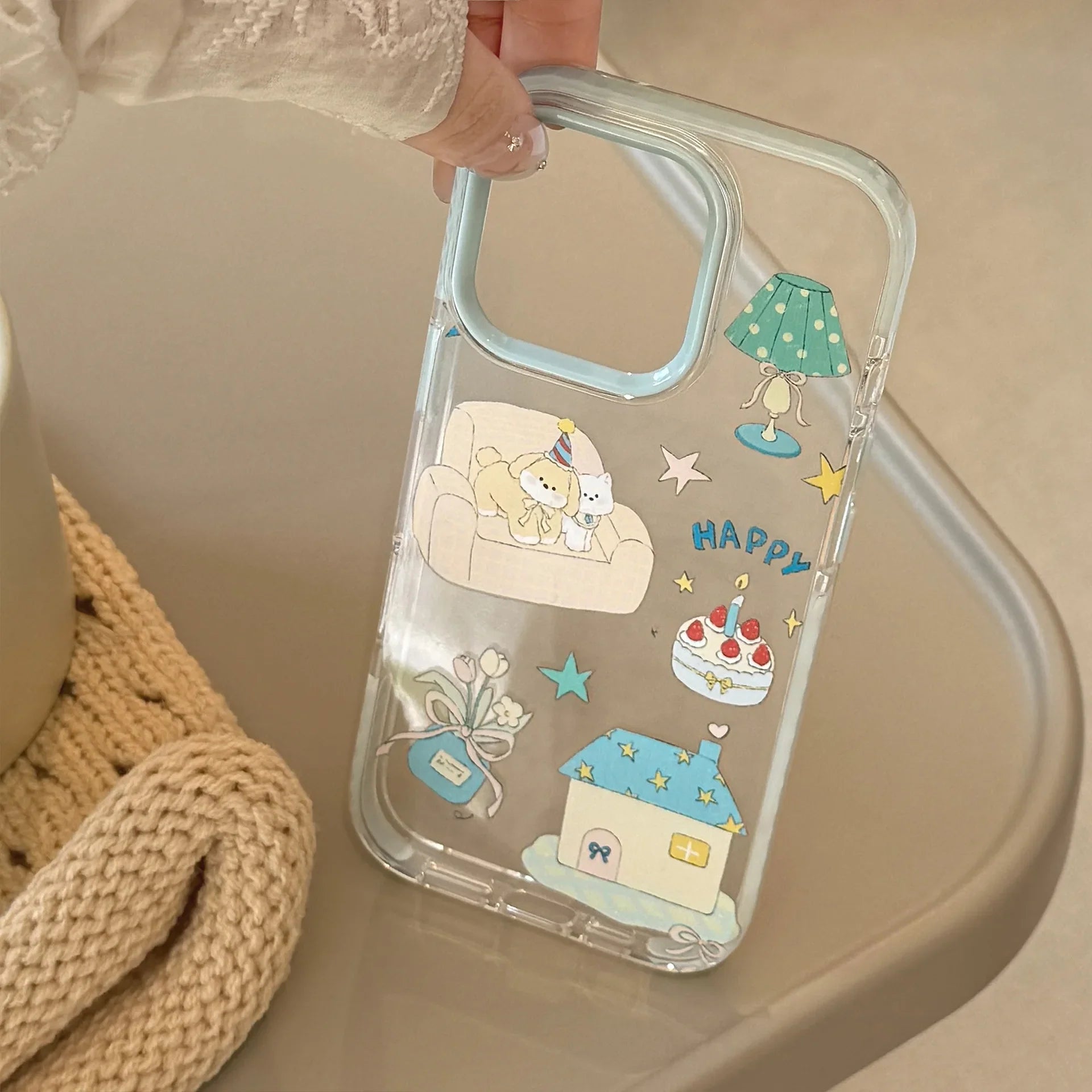 Korean Cute Cartoon Graffiti House Puppy Rotate Bracket Soft Phone Case For iPhone