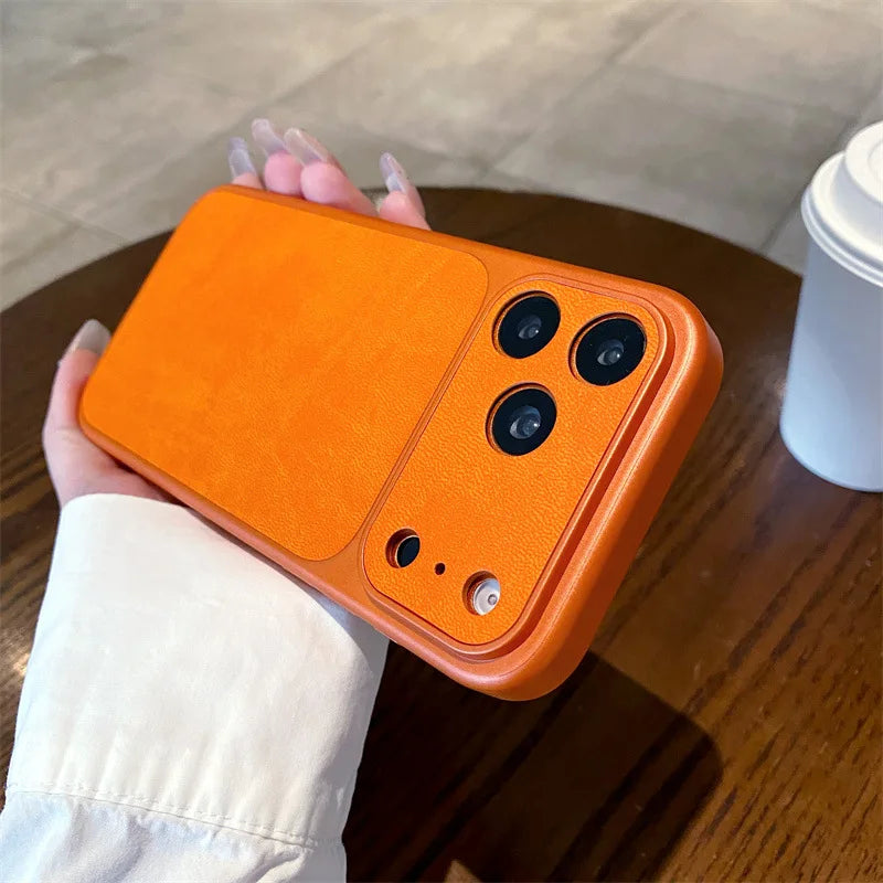 Luxury Solid Colors Large Window Leather Texture Phone Case For iPhone