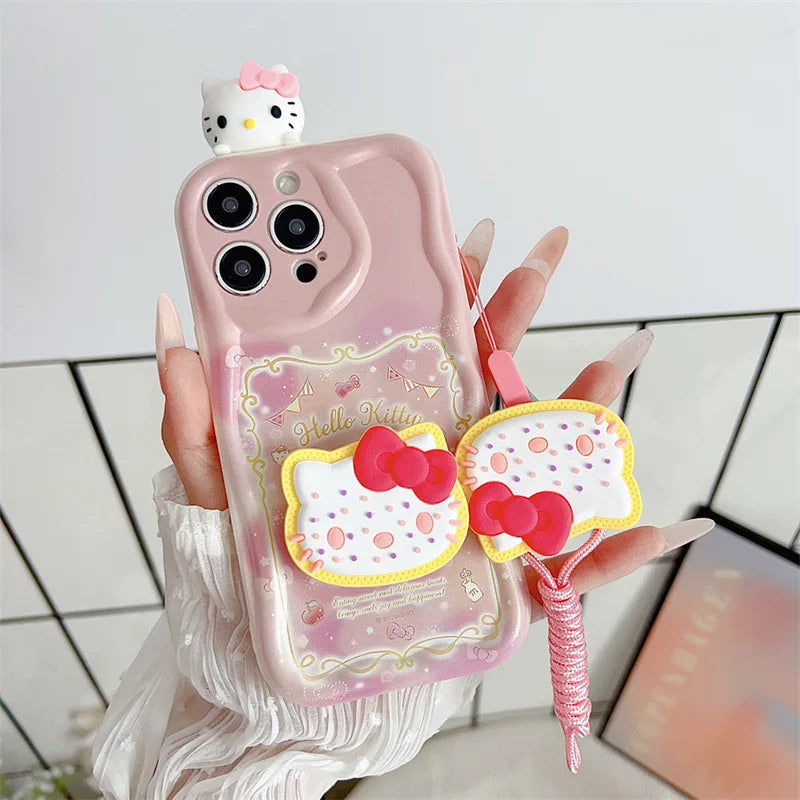 Hello Kitty Kuromi With Bracket Lanyard Phone Case For iPhone