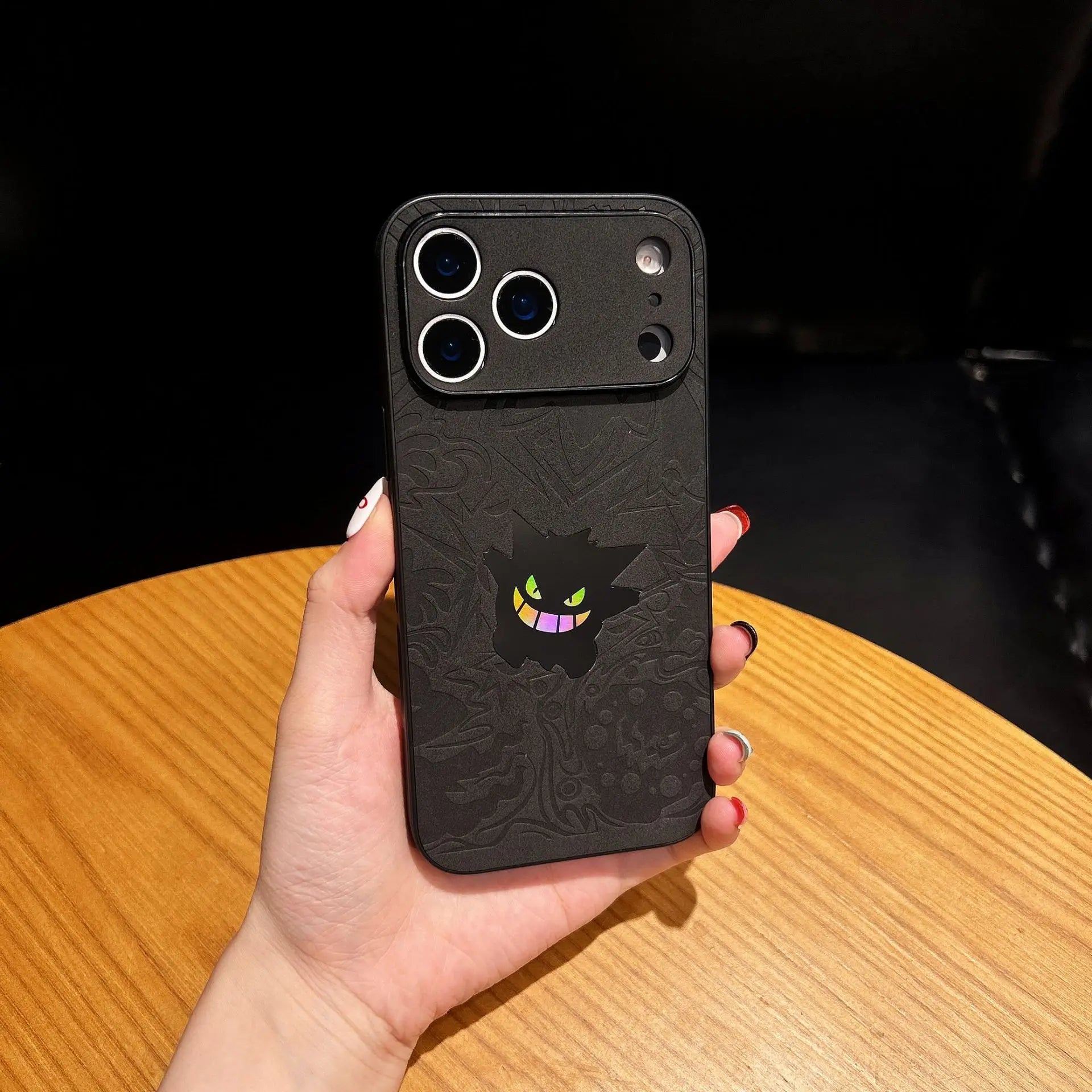 Cute Cartoon Gengar Emboss Leather Texture Laser Phone Case For iPhone