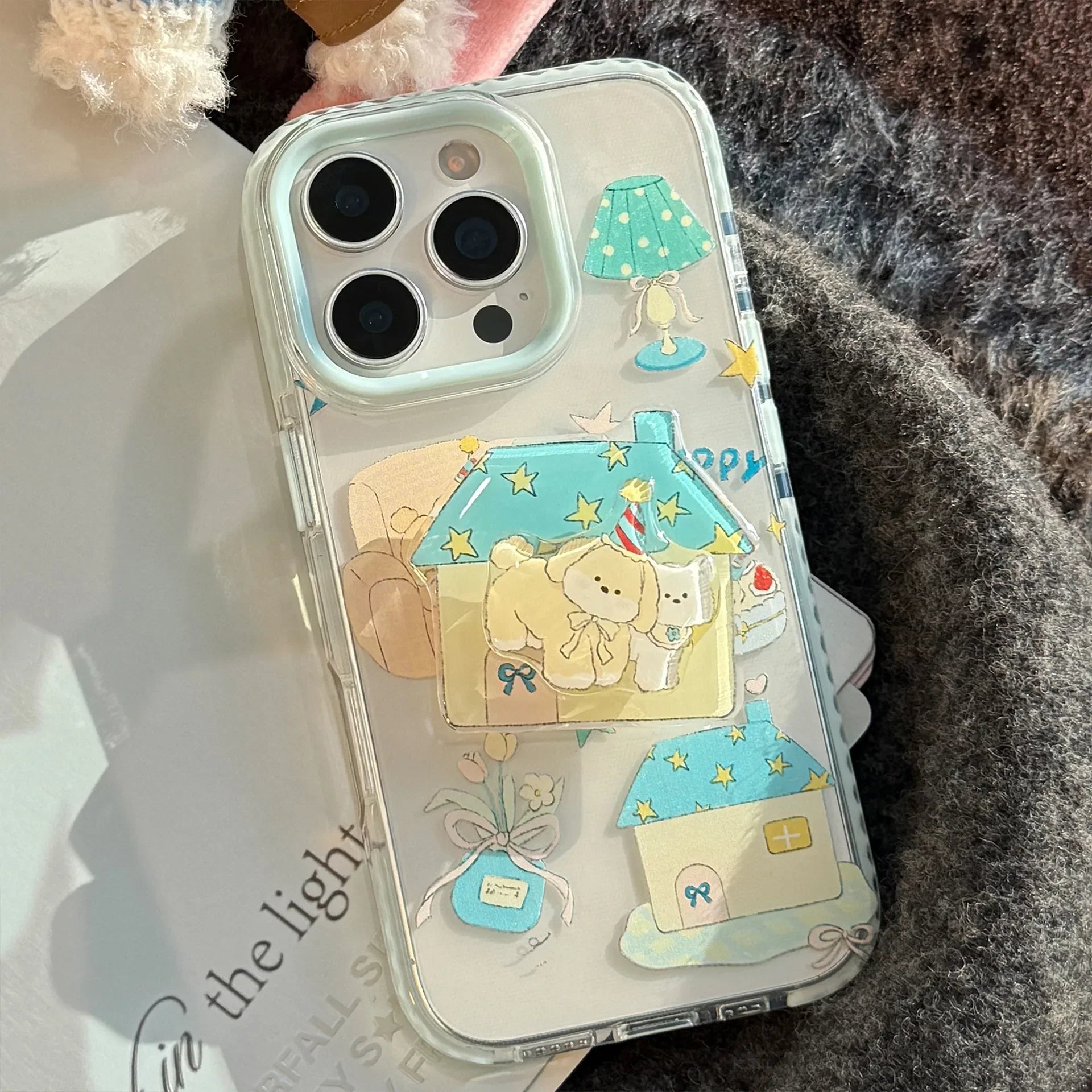 Korean Cute Cartoon Graffiti House Puppy Rotate Bracket Soft Phone Case For iPhone