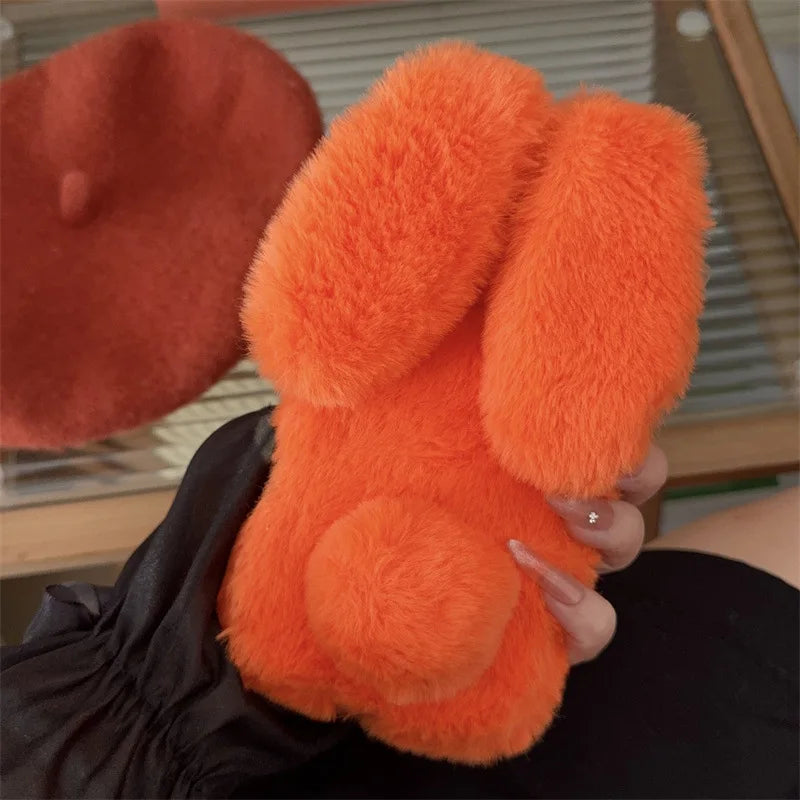 3D Cute Cartoon Rabbit Ears Furry Plush Phone Case For iPhone