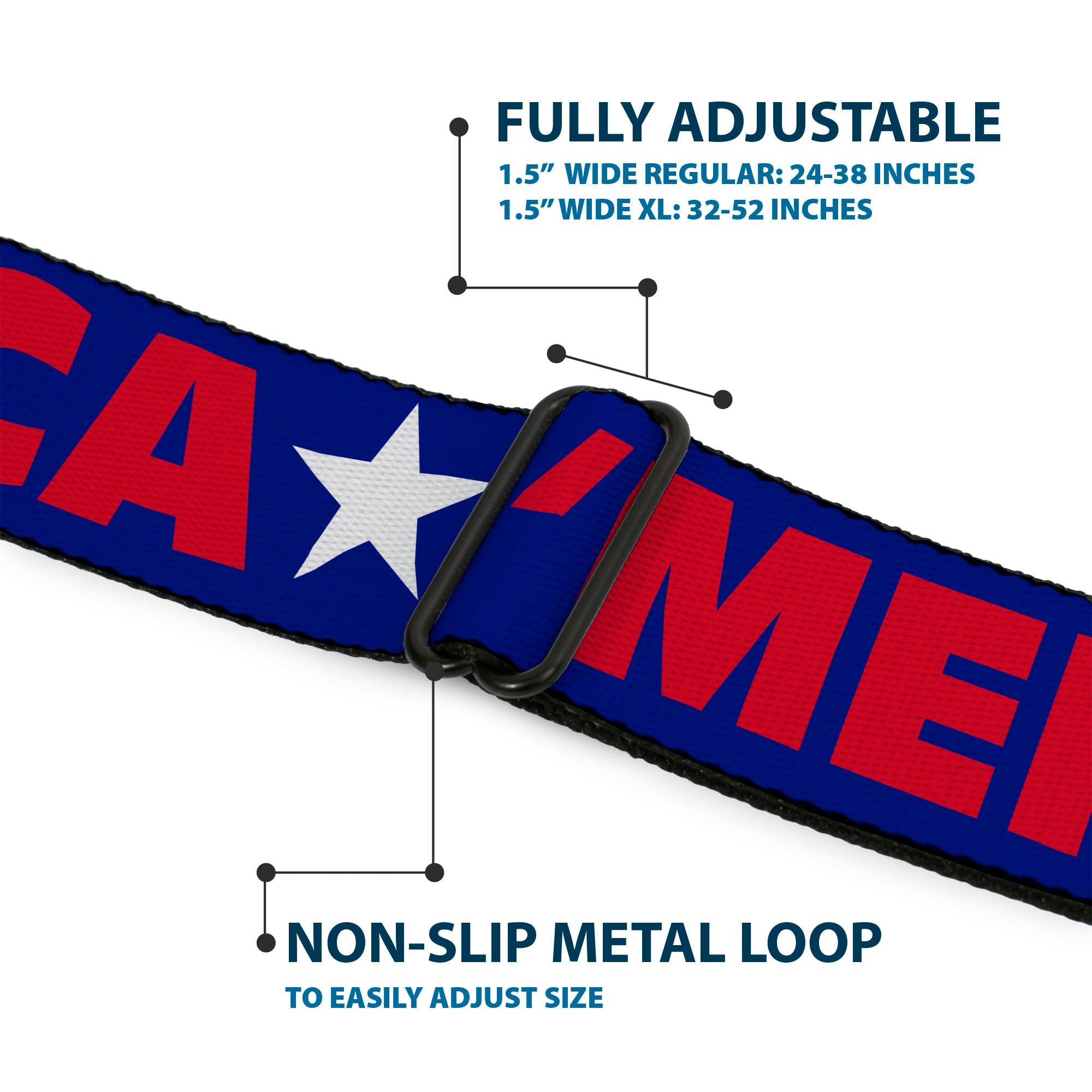BD Wings Logo CLOSE-UP Full Color Black Silver Seatbelt Belt - 'MERICA/Star Blue/Red/White Webbing