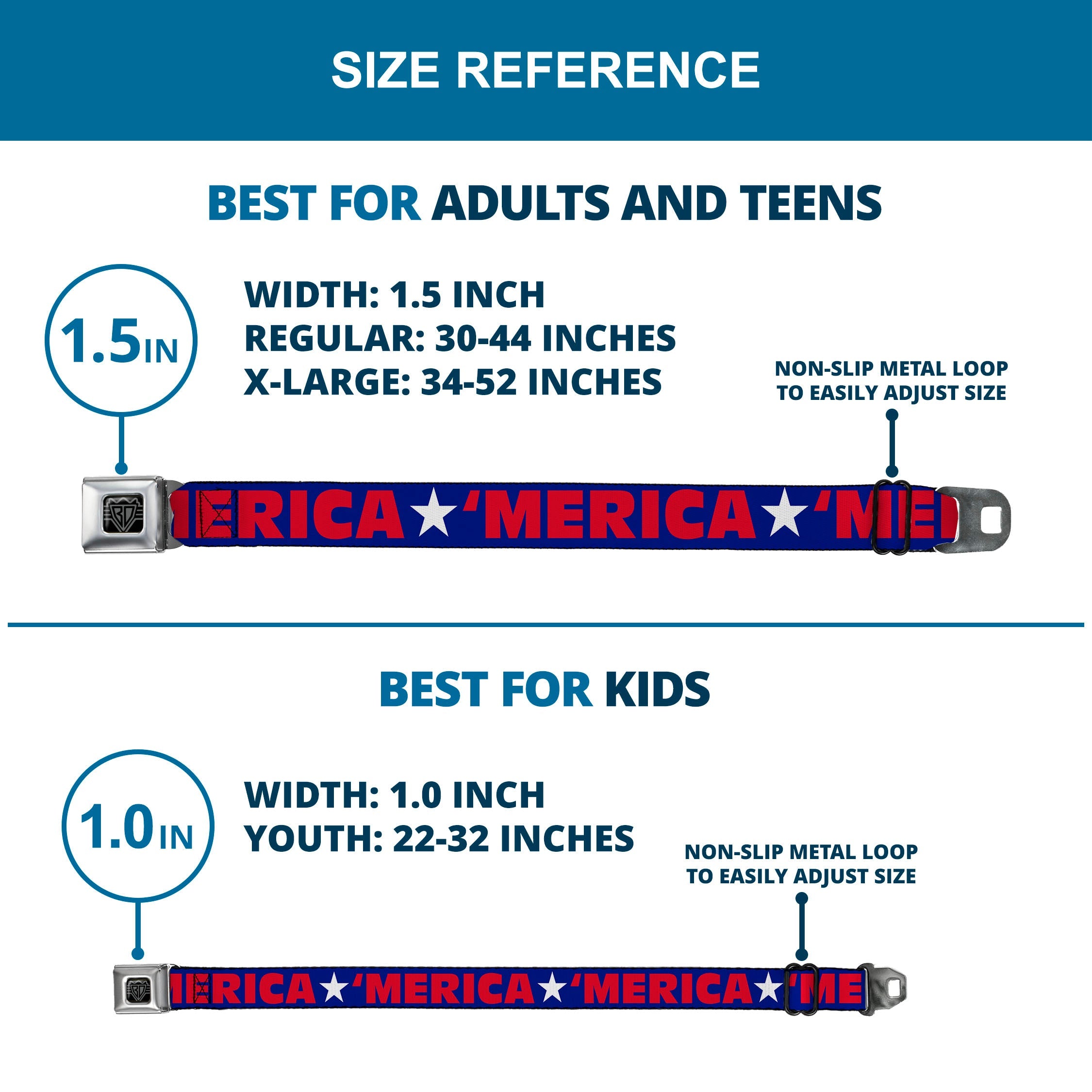 BD Wings Logo CLOSE-UP Full Color Black Silver Seatbelt Belt - 'MERICA/Star Blue/Red/White Webbing