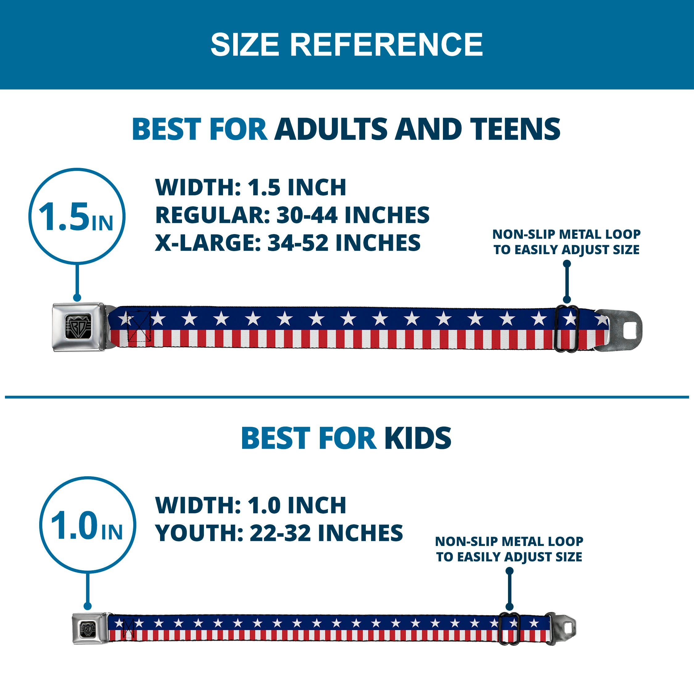 BD Wings Logo CLOSE-UP Full Color Black Silver Seatbelt Belt - Americana Stars & Stripes2 Blue/White/Red/White Webbing