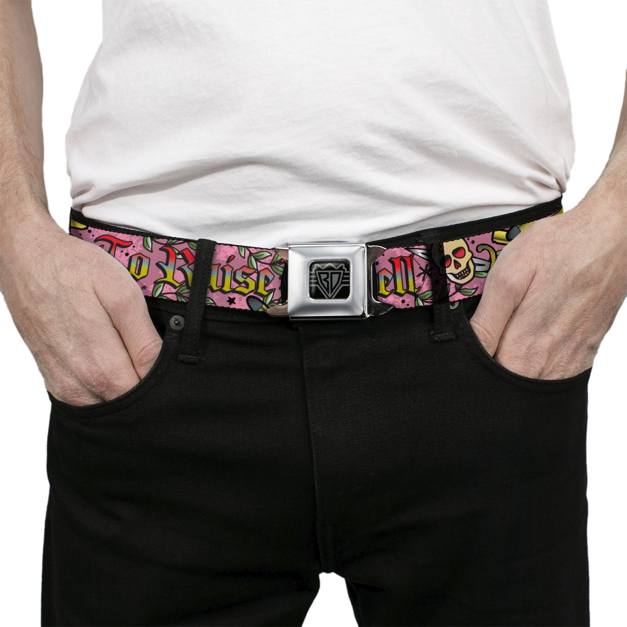 BD Wings Logo CLOSE-UP Full Color Black Silver Seatbelt Belt - Born to Raise Hell Pink Webbing