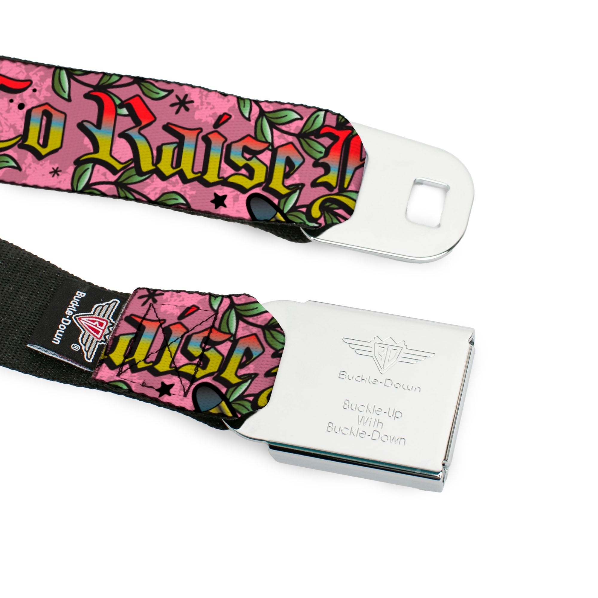 BD Wings Logo CLOSE-UP Full Color Black Silver Seatbelt Belt - Born to Raise Hell Pink Webbing