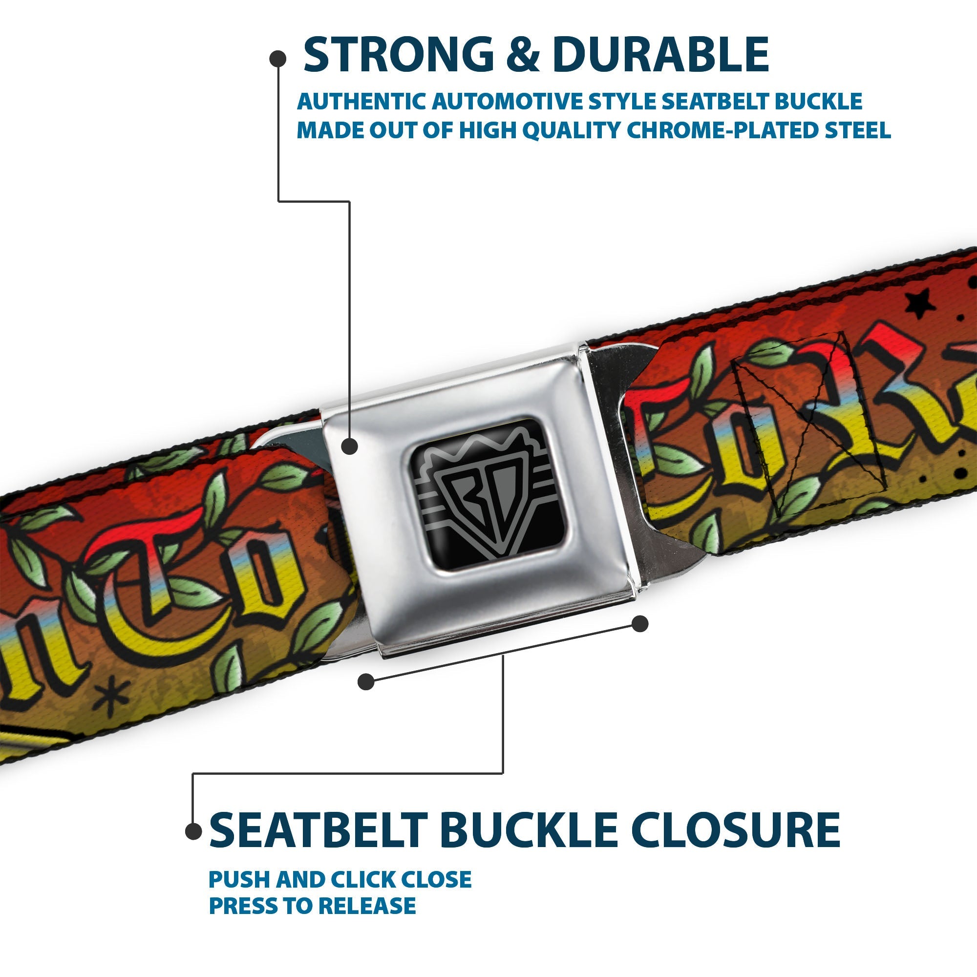 BD Wings Logo CLOSE-UP Full Color Black Silver Seatbelt Belt - Born to Raise Hell Red Webbing