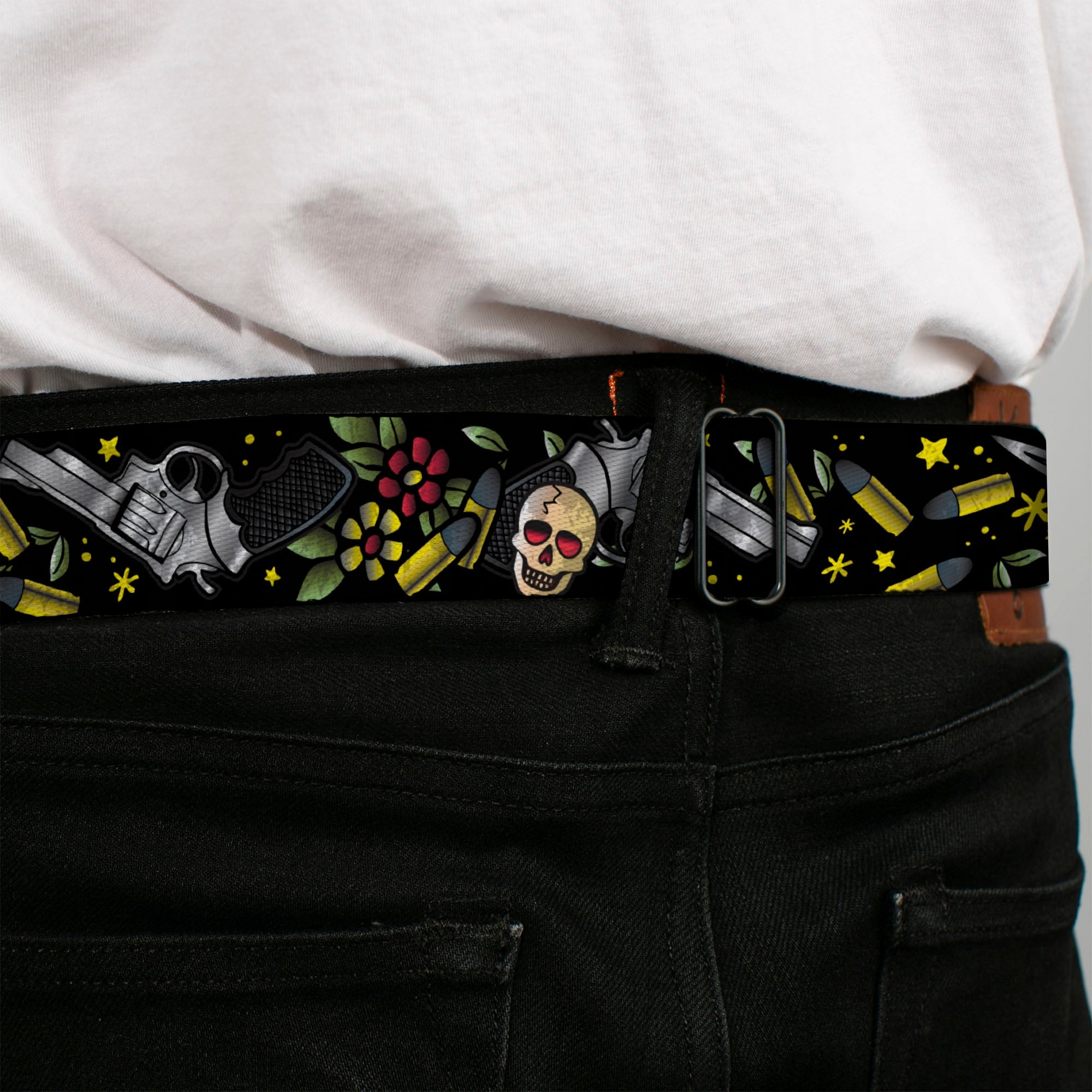 BD Wings Logo CLOSE-UP Full Color Black Silver Seatbelt Belt - Born to Raise Hell CLOSE-UP Black Webbing