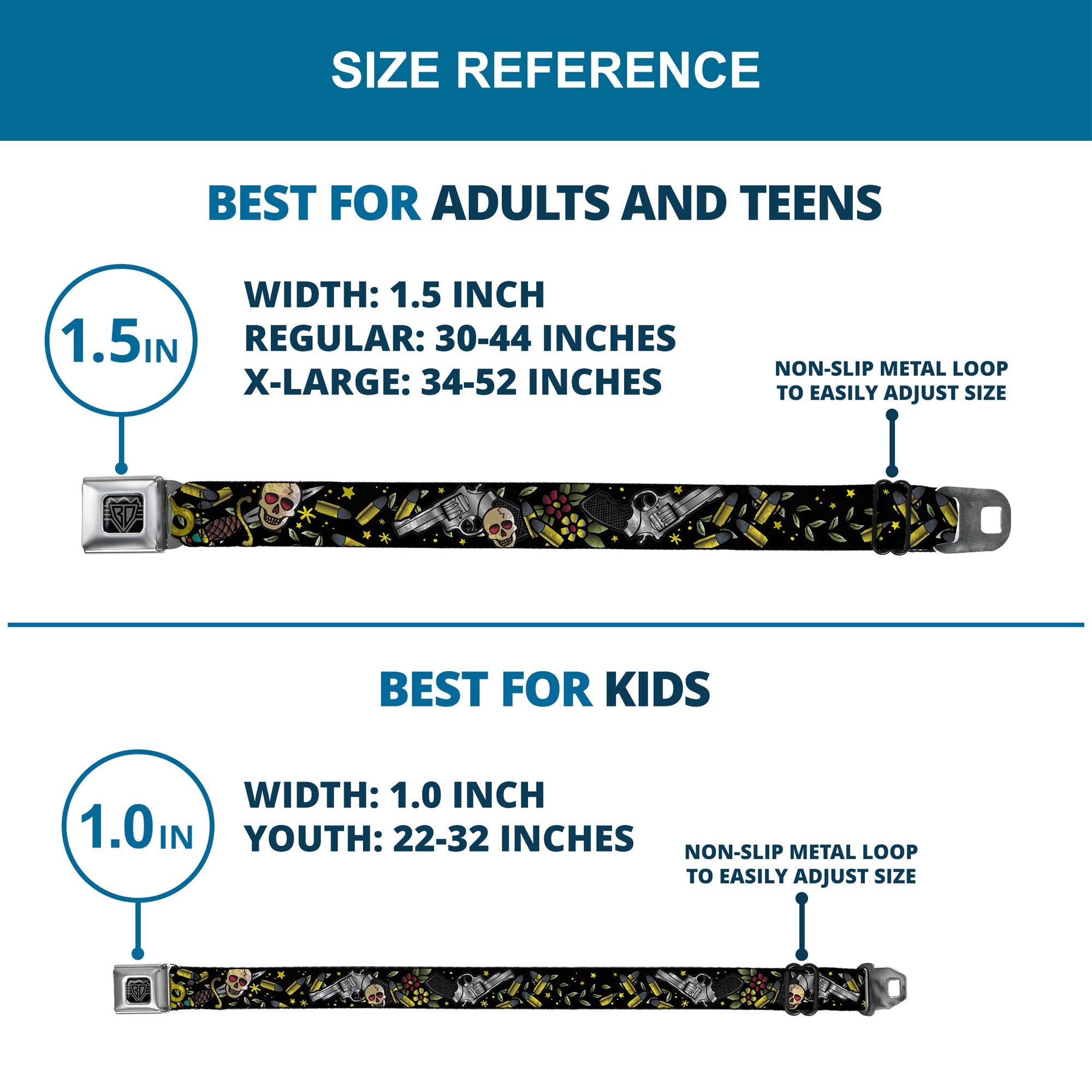 BD Wings Logo CLOSE-UP Full Color Black Silver Seatbelt Belt - Born to Raise Hell CLOSE-UP Black Webbing