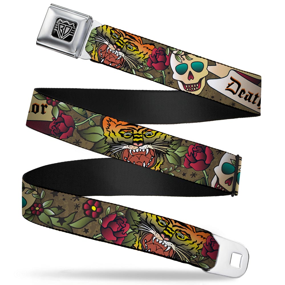 BD Wings Logo CLOSE-UP Full Color Black Silver Seatbelt Belt - Death Before Dishonor Olive Webbing