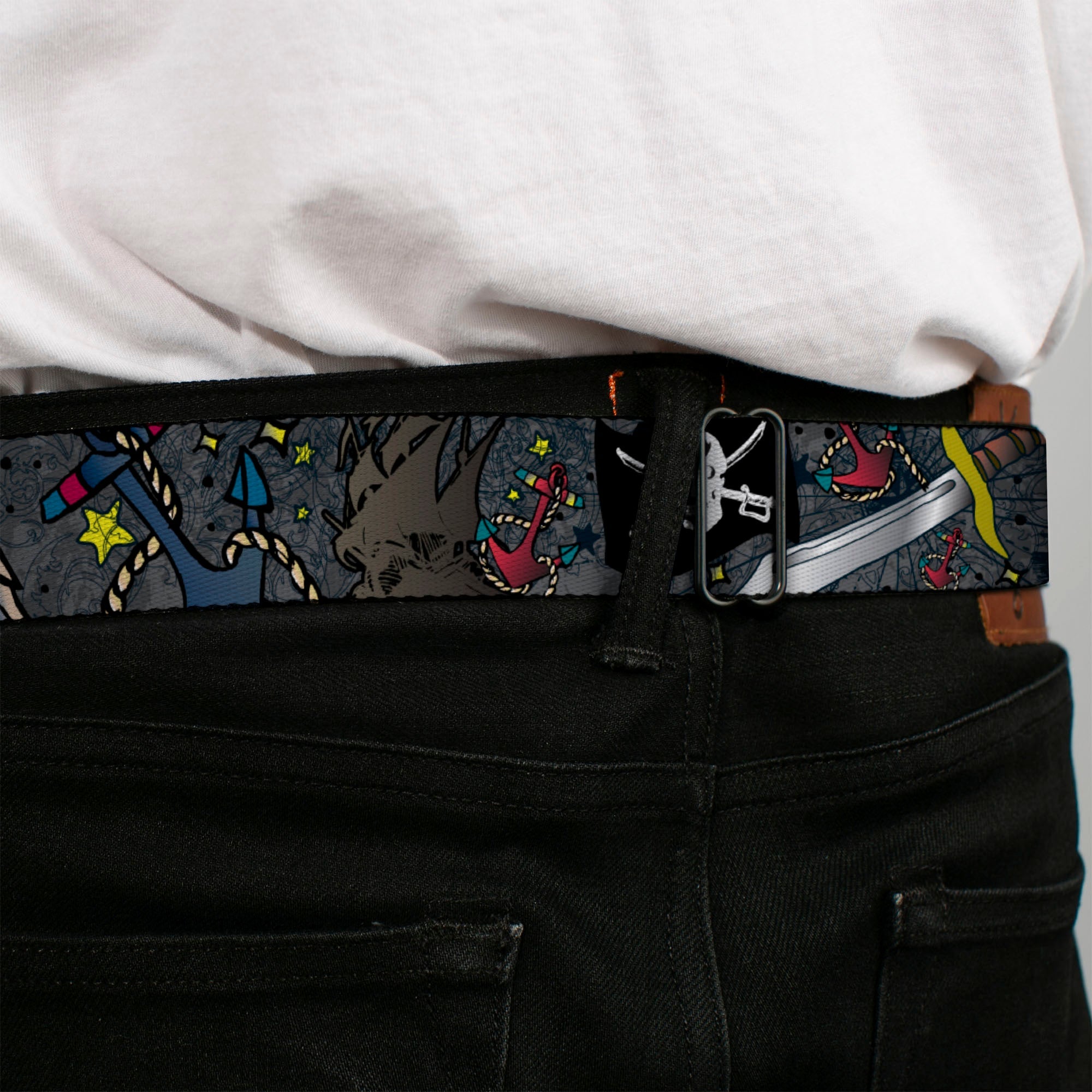 BD Wings Logo CLOSE-UP Full Color Black Silver Seatbelt Belt - Dead Men Tell No Tales Gray Webbing